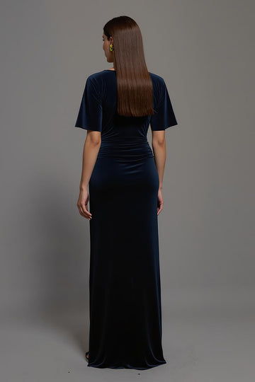 Navy Velvet Sheath Formal Dress with Slit